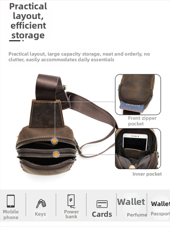 MASIWEI Мъжка чанта за гърдите - естествена кожа, горен слой телешка кожа, устойчива на износване, едноцветна, полиестрова подплата