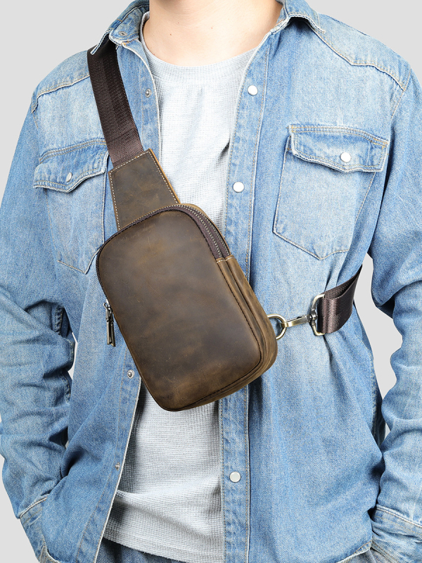 MASIWEI Мъжка чанта за гърдите - естествена кожа, горен слой телешка кожа, устойчива на износване, едноцветна, полиестрова подплата