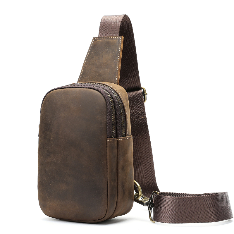MASIWEI Мъжка чанта за гърдите - естествена кожа, горен слой телешка кожа, устойчива на износване, едноцветна, полиестрова подплата