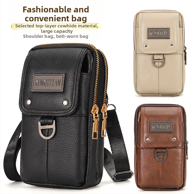 Vyrų odinė kišenė ant dirželio mobiliesiems telefonams, tikra oda, pirmojo sluoksnio karvės odos, vertikalus kvadrato formos, užtrauktukas uždarymas, verslo kelionės stilius