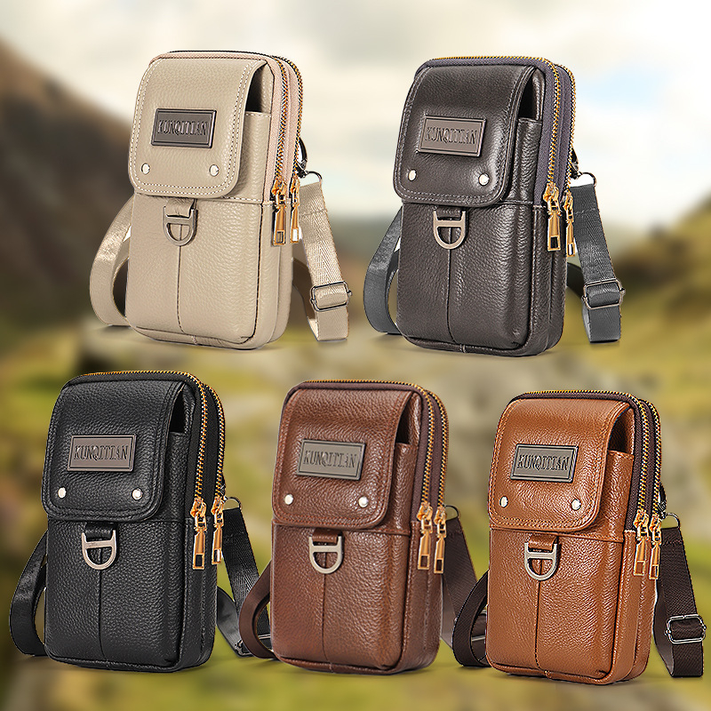 Vyrų odinė kišenė ant dirželio mobiliesiems telefonams, tikra oda, pirmojo sluoksnio karvės odos, vertikalus kvadrato formos, užtrauktukas uždarymas, verslo kelionės stilius