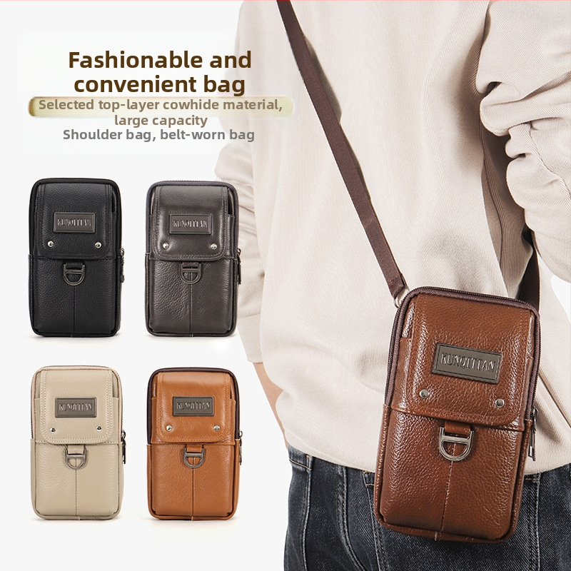 Мъжка кожена чанта за телефон на колан, истинска кожа, кожа от първи слой, вертикална квадратна форма, ципово затваряне, стил бизнес пътуване