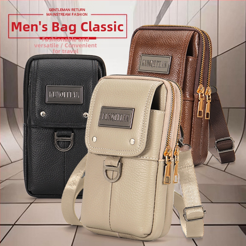 Мъжка кожена чанта за телефон на колан, истинска кожа, кожа от първи слой, вертикална квадратна форма, ципово затваряне, стил бизнес пътуване