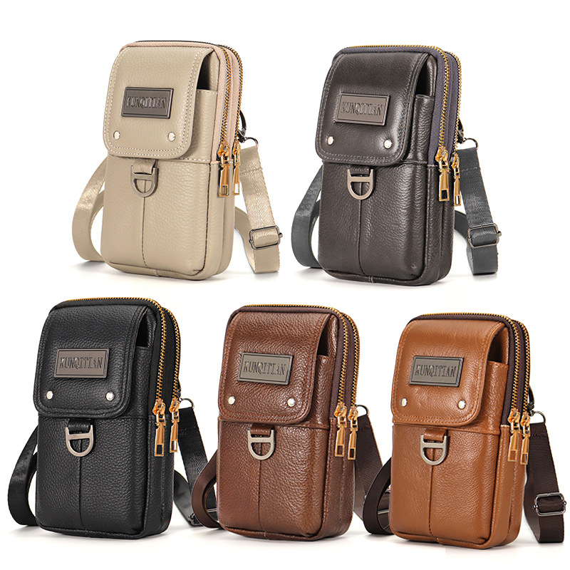 Vyrų odinė kišenė ant dirželio mobiliesiems telefonams, tikra oda, pirmojo sluoksnio karvės odos, vertikalus kvadrato formos, užtrauktukas uždarymas, verslo kelionės stilius