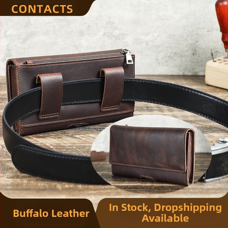 Muška pojasna torbica za telefon, od prave kože, prvi sloj kože, prozračna, višenamjenska