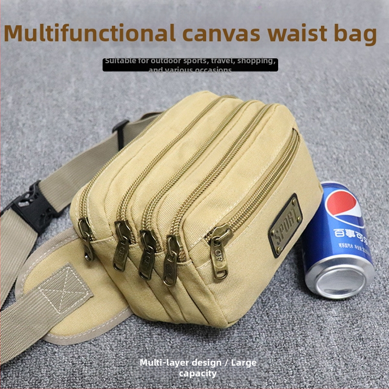 Pánska taška na pás – plátená, veľká kapacita, viacúčelové priehradky, ideálne na voľnočasové cestovanie (Jar 2024)