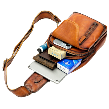 Мъжка чанта за гръден кош от естествена кожа – първи слой кравешка кожа, износоустойчива подплата полиестер-памук