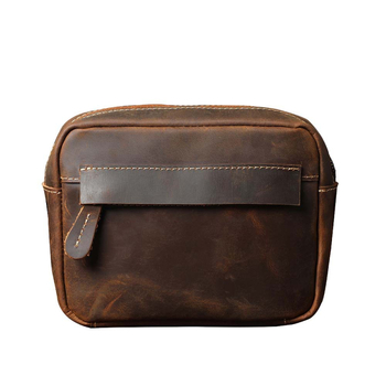 Мъжка презрамкова чанта от първокачествена телешка кожа, Crazy Horse финиш, хоризонтално квадратна форма, затваряне с цип, вътрешен джоб за телефон