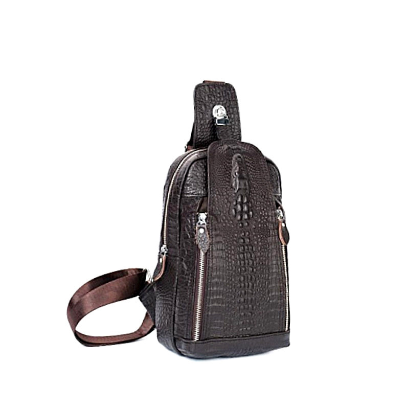 Geantă de umăr pentru bărbați din piele naturală, model crocodil, formă orizontală pătrată, închidere cu clapă, buzunare interioare: fermoar, buzunar pentru telefon, buzunar pentru ID, buzunar pentru aparat foto