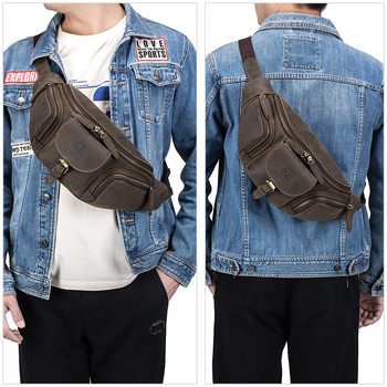 Мъжка чанта за гърдите от естествена кожа, първи слой телешка кожа, износоустойчива, полиестрова подплата, за ежедневна употреба