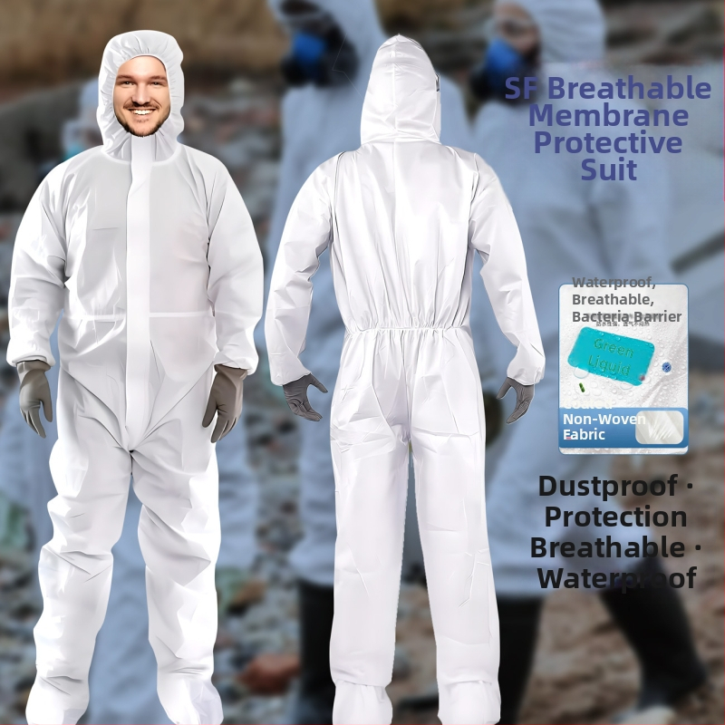 Еднократен защитен гащеризон с качулка и цип (Еднократен; вградени качулка и крачоли; цип за закопчаване; SF дишаща мембранна нетъкана материя; тегло 45 g)