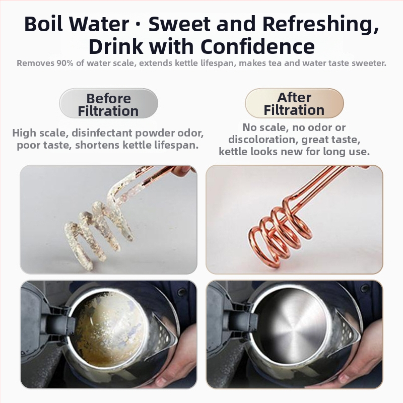 Фронтално монтиран филтър за вода от неръждаема стомана за кухня и баня; сменяем и миещ се керамичен филтър; ултрафилтрационна мембрана, филтрация ниво 1; работа в диапазона 0–38°C; водно налягане 0.1–0.4 MPa; 1000 L/ден