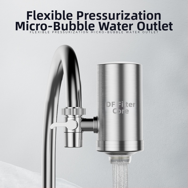 Фронтално монтиран филтър за вода от неръждаема стомана за кухня и баня; сменяем и миещ се керамичен филтър; ултрафилтрационна мембрана, филтрация ниво 1; работа в диапазона 0–38°C; водно налягане 0.1–0.4 MPa; 1000 L/ден