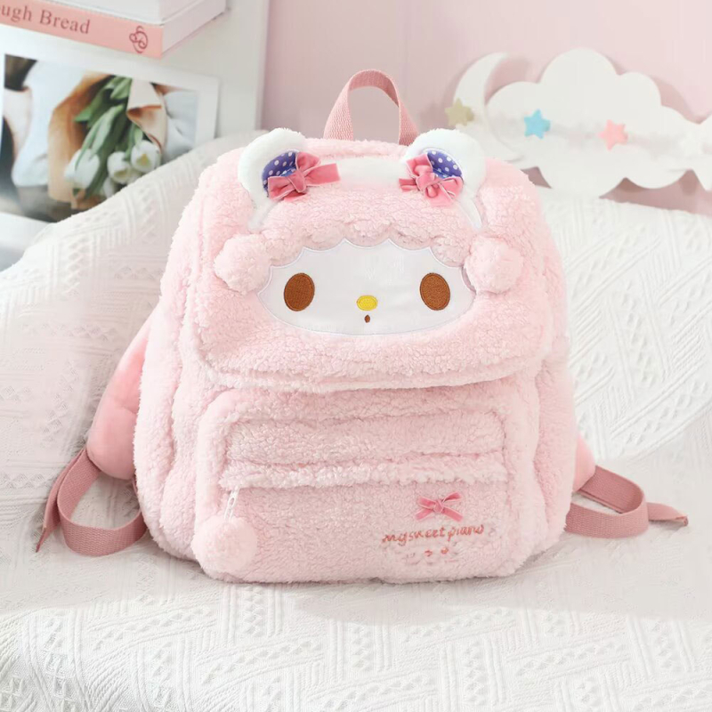 Cartoon plüss hátizsák – friss és édes stílus, cipzáras nyitás, poliészter bélés