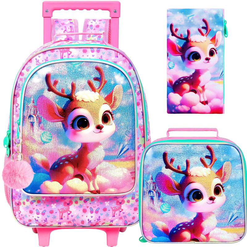 Mergaitėms skirtas trijų dalių kuprinės komplektas su ratukais pradinei mokyklai, UV medžiaga, vandeniui atsparus, ultralengvas, dėvėjimuisi atsparus, anime raštas — CCJPX