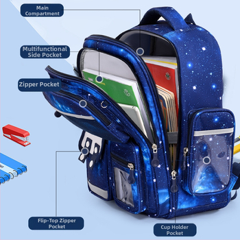 Σχολική τσάντα δημοτικού με θέμα Αστροναύτης και Ουρανός με Αστέρια, unisex, ελαφριά, μεγάλη χωρητικότητα, πολυεστέρας, διαπνέουσα, αδιάβροχη, ιμάντες με αερόφυση