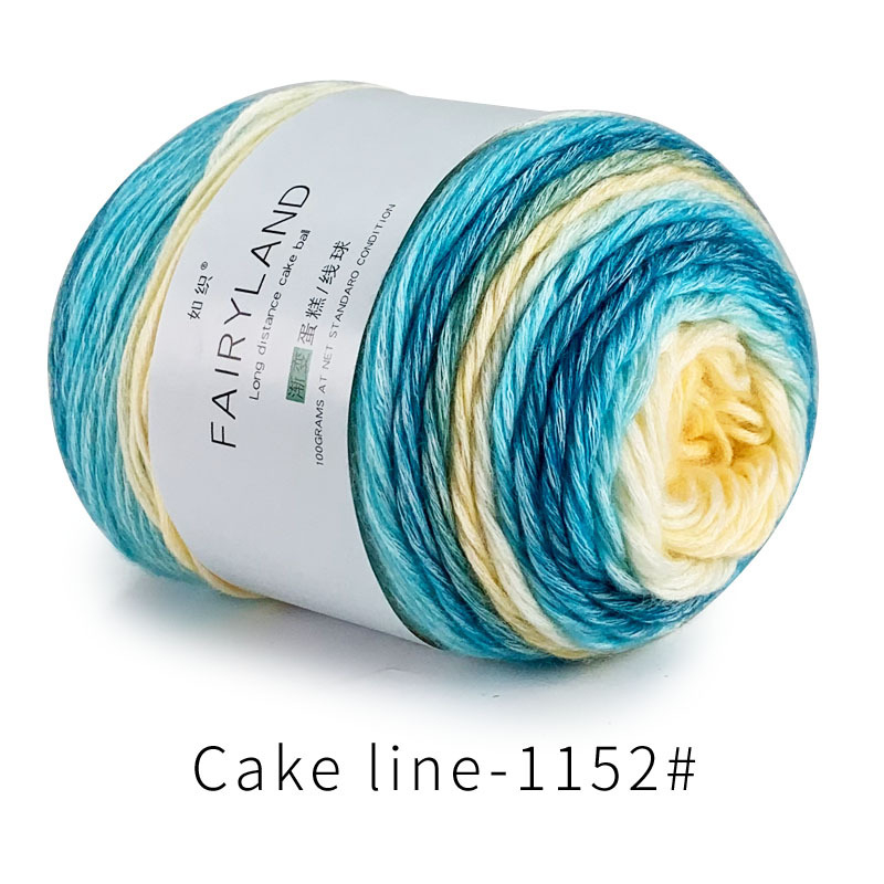 Βαμβακερή κλωστή cake-line με gradient βαφή για πλέξιμο (Τεχνική: worsted; Μορφή κλώνου: σφαίρα/τροχός; Προέλευση: Επαρχία Χεμπέι, νομός Λιξιάν; Κύρια χρήση: πλέξιμο)