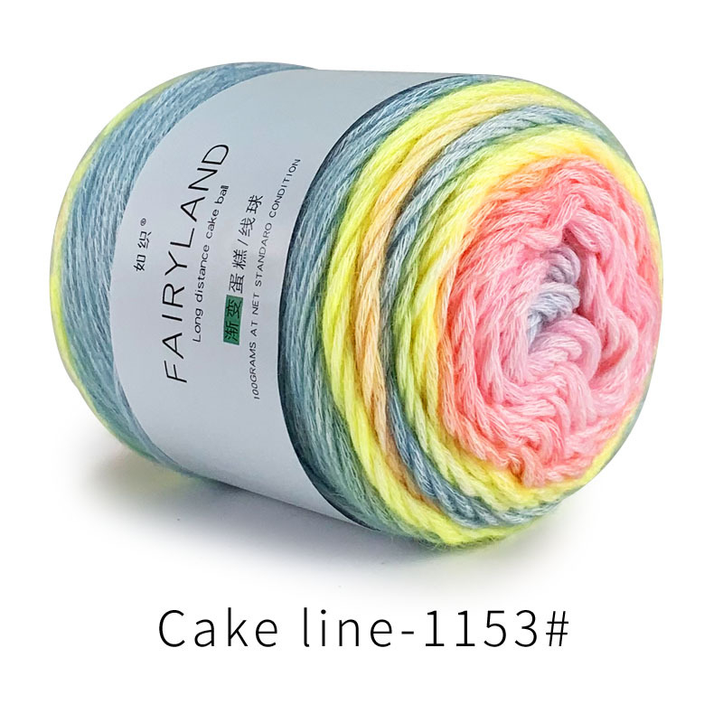 Βαμβακερή κλωστή cake-line με gradient βαφή για πλέξιμο (Τεχνική: worsted; Μορφή κλώνου: σφαίρα/τροχός; Προέλευση: Επαρχία Χεμπέι, νομός Λιξιάν; Κύρια χρήση: πλέξιμο)