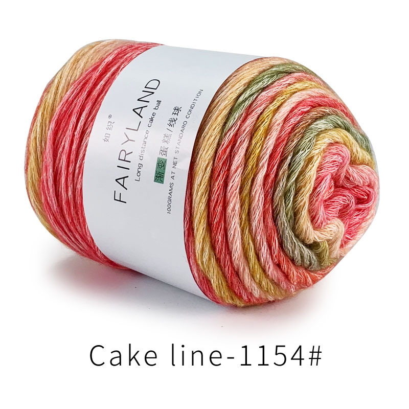 Βαμβακερή κλωστή cake-line με gradient βαφή για πλέξιμο (Τεχνική: worsted; Μορφή κλώνου: σφαίρα/τροχός; Προέλευση: Επαρχία Χεμπέι, νομός Λιξιάν; Κύρια χρήση: πλέξιμο)