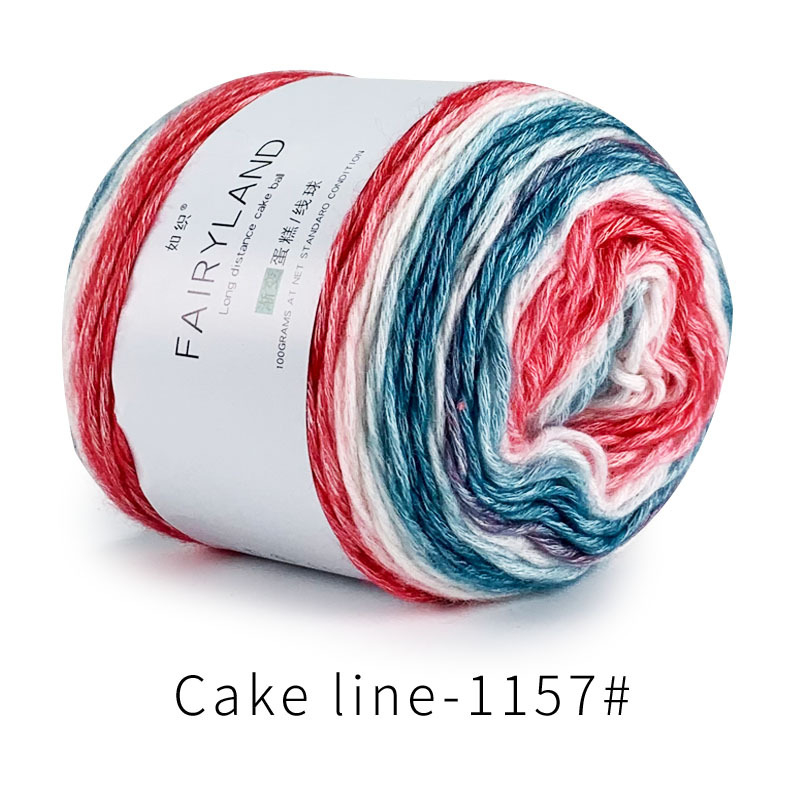 Βαμβακερή κλωστή cake-line με gradient βαφή για πλέξιμο (Τεχνική: worsted; Μορφή κλώνου: σφαίρα/τροχός; Προέλευση: Επαρχία Χεμπέι, νομός Λιξιάν; Κύρια χρήση: πλέξιμο)