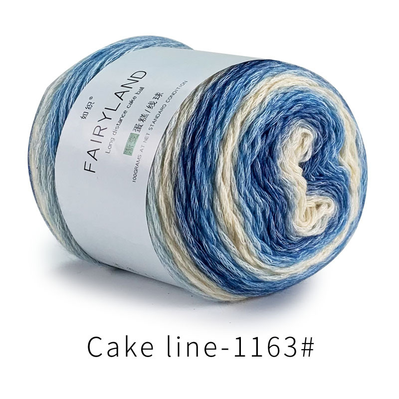 Βαμβακερή κλωστή cake-line με gradient βαφή για πλέξιμο (Τεχνική: worsted; Μορφή κλώνου: σφαίρα/τροχός; Προέλευση: Επαρχία Χεμπέι, νομός Λιξιάν; Κύρια χρήση: πλέξιμο)