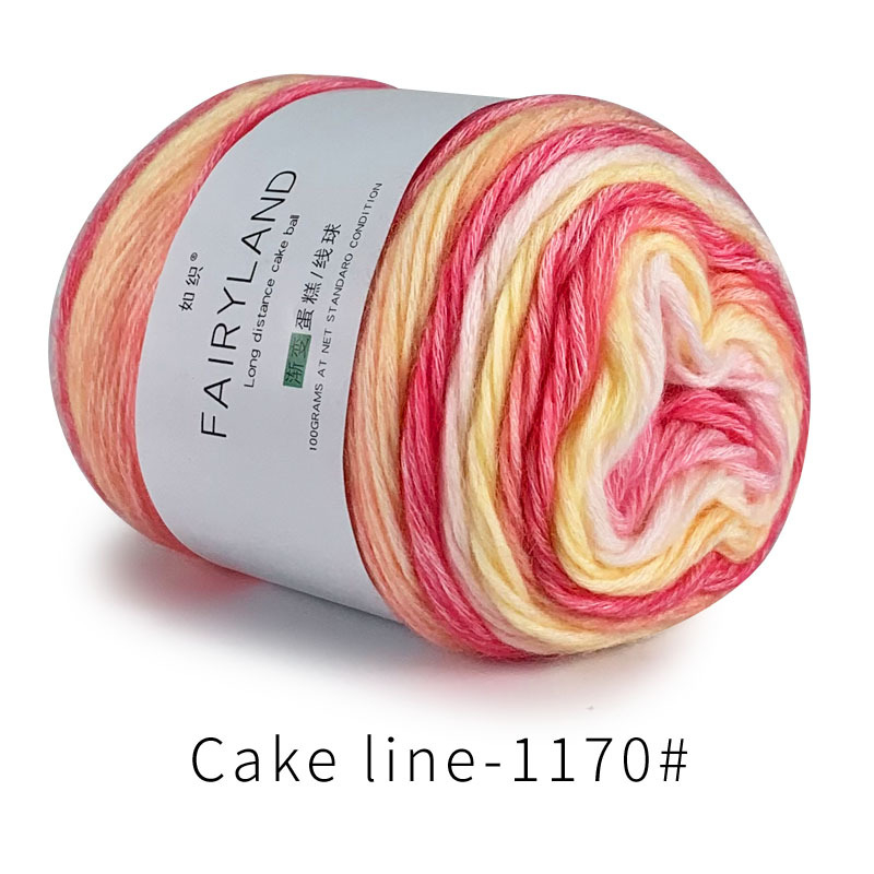 Βαμβακερή κλωστή cake-line με gradient βαφή για πλέξιμο (Τεχνική: worsted; Μορφή κλώνου: σφαίρα/τροχός; Προέλευση: Επαρχία Χεμπέι, νομός Λιξιάν; Κύρια χρήση: πλέξιμο)
