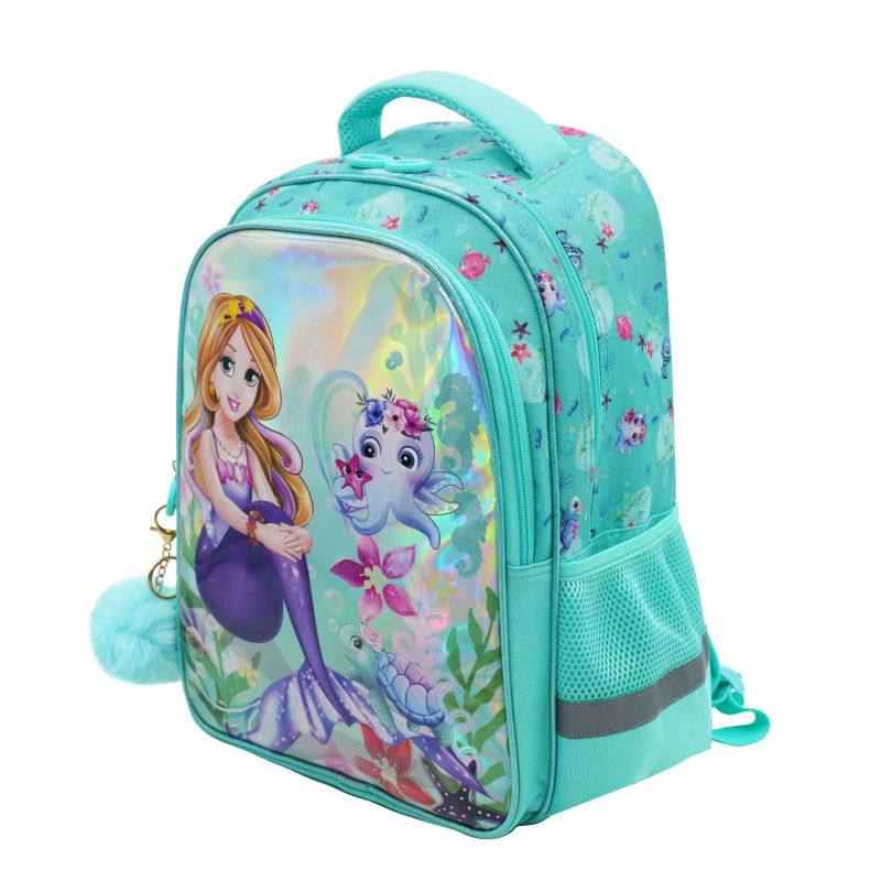 Учебна раница за основно училище с дизайн на русалка, голям капацитет, рефлексна лента, лека PU материя, кръгли презрамки