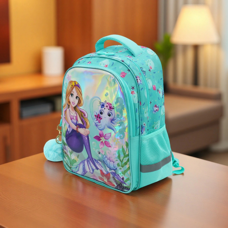 Учебна раница за основно училище с дизайн на русалка, голям капацитет, рефлексна лента, лека PU материя, кръгли презрамки