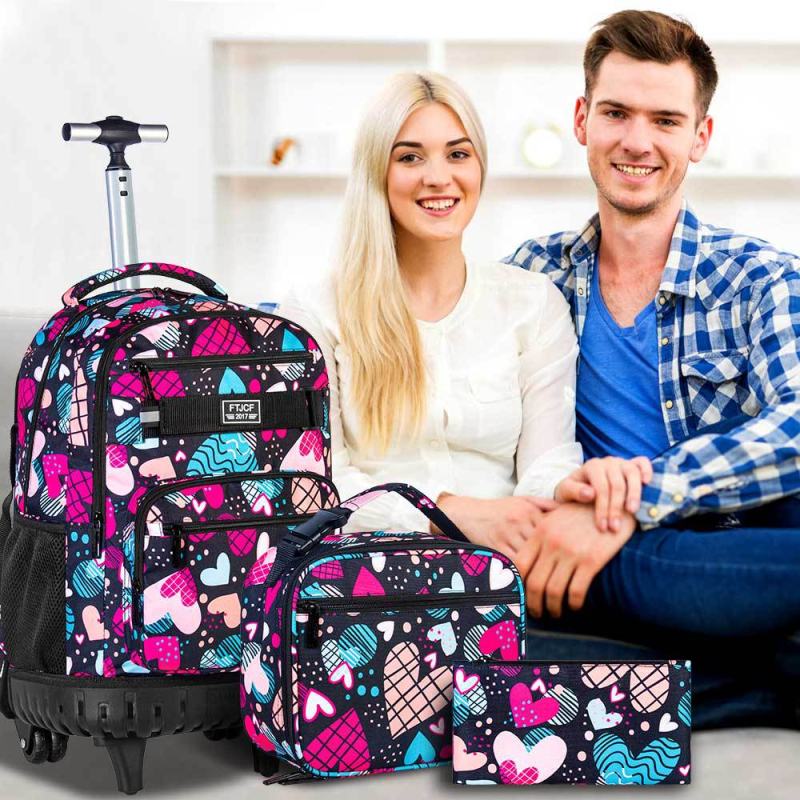 Vaikų mokyklinė kuprinė su ratukais, širdies raštas, PVC medžiaga, vienos krypties ratas, išlenktos pečių diržai