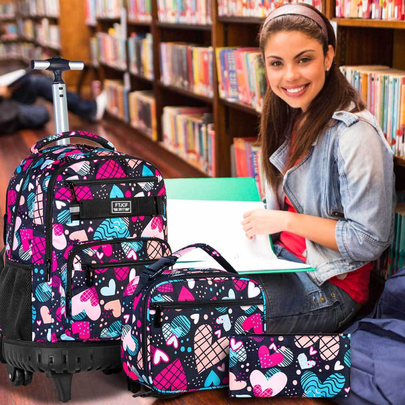 Vaikų mokyklinė kuprinė su ratukais, širdies raštas, PVC medžiaga, vienos krypties ratas, išlenktos pečių diržai