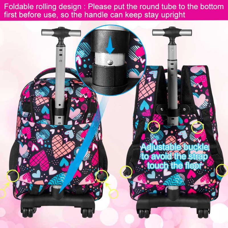 Vaikų mokyklinė kuprinė su ratukais, širdies raštas, PVC medžiaga, vienos krypties ratas, išlenktos pečių diržai