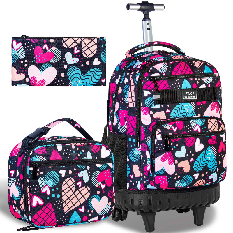 Vaikų mokyklinė kuprinė su ratukais, širdies raštas, PVC medžiaga, vienos krypties ratas, išlenktos pečių diržai