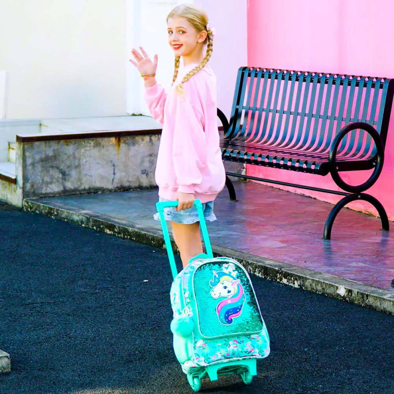 Trys dalių Unicorn mokyklinės kuprinės komplektas pradinei mokyklai mergaitėms — itin lengvas PVC, atsparus vandeniui ir dilimui, vienos krypties ratukai, išlenkti pečių dirželiai, animacinis raštas