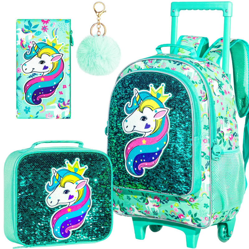 Trys dalių Unicorn mokyklinės kuprinės komplektas pradinei mokyklai mergaitėms — itin lengvas PVC, atsparus vandeniui ir dilimui, vienos krypties ratukai, išlenkti pečių dirželiai, animacinis raštas