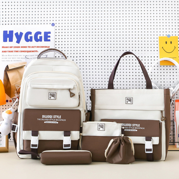 Nylon iskolai hátizsák, uniszex, öt részes készlet, nagy kapacitású, légáteresztő, vízálló, ultra könnyű, kopásálló, gerincvédelem és ívelt vállpántok.