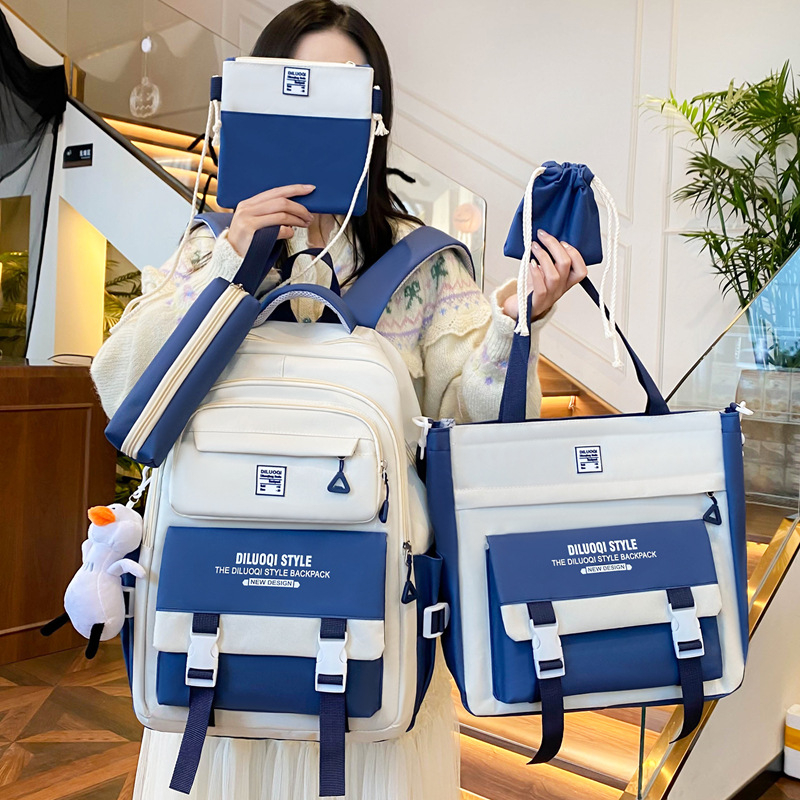 Nylon iskolai hátizsák, uniszex, öt részes készlet, nagy kapacitású, légáteresztő, vízálló, ultra könnyű, kopásálló, gerincvédelem és ívelt vállpántok.