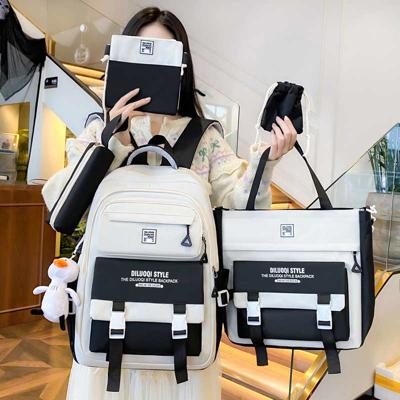 Nylon iskolai hátizsák, uniszex, öt részes készlet, nagy kapacitású, légáteresztő, vízálló, ultra könnyű, kopásálló, gerincvédelem és ívelt vállpántok.