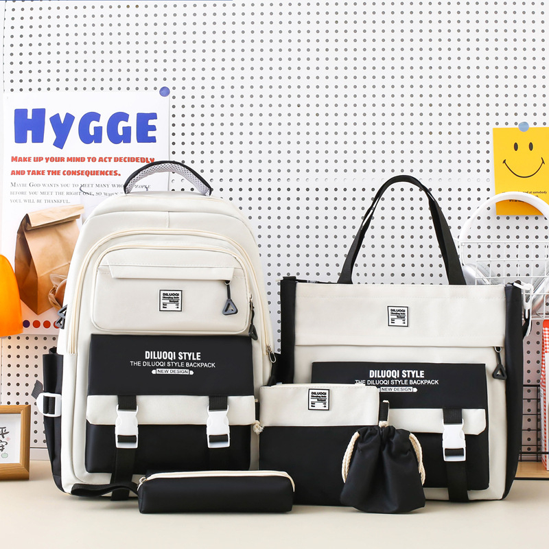 Nylon iskolai hátizsák, uniszex, öt részes készlet, nagy kapacitású, légáteresztő, vízálló, ultra könnyű, kopásálló, gerincvédelem és ívelt vállpántok.