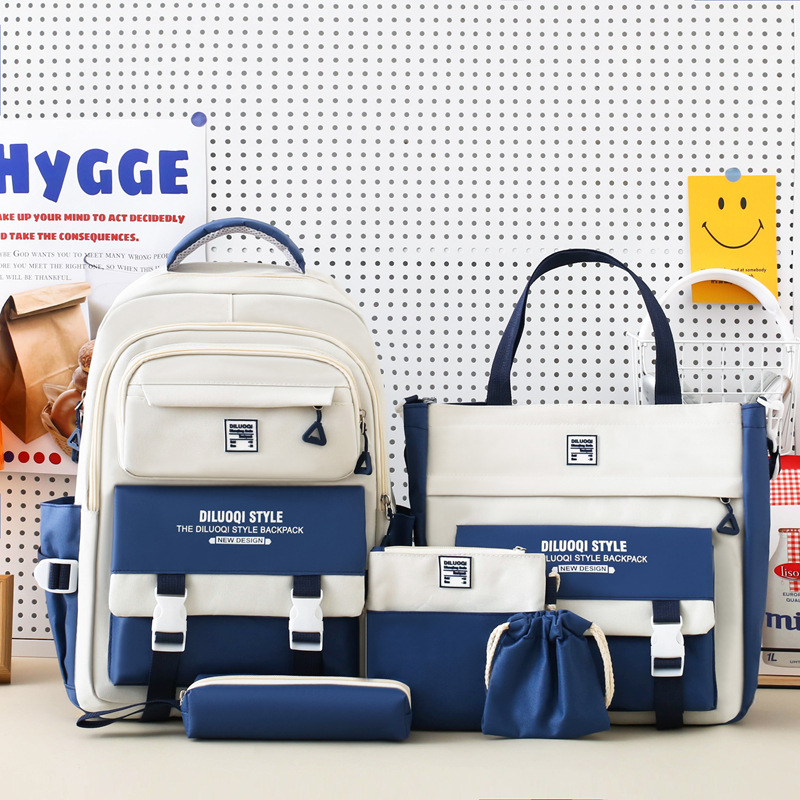 Nylon iskolai hátizsák, uniszex, öt részes készlet, nagy kapacitású, légáteresztő, vízálló, ultra könnyű, kopásálló, gerincvédelem és ívelt vállpántok.