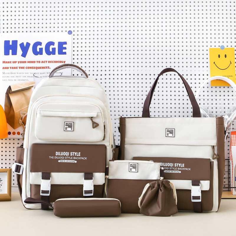 Nylon iskolai hátizsák, uniszex, öt részes készlet, nagy kapacitású, légáteresztő, vízálló, ultra könnyű, kopásálló, gerincvédelem és ívelt vállpántok.