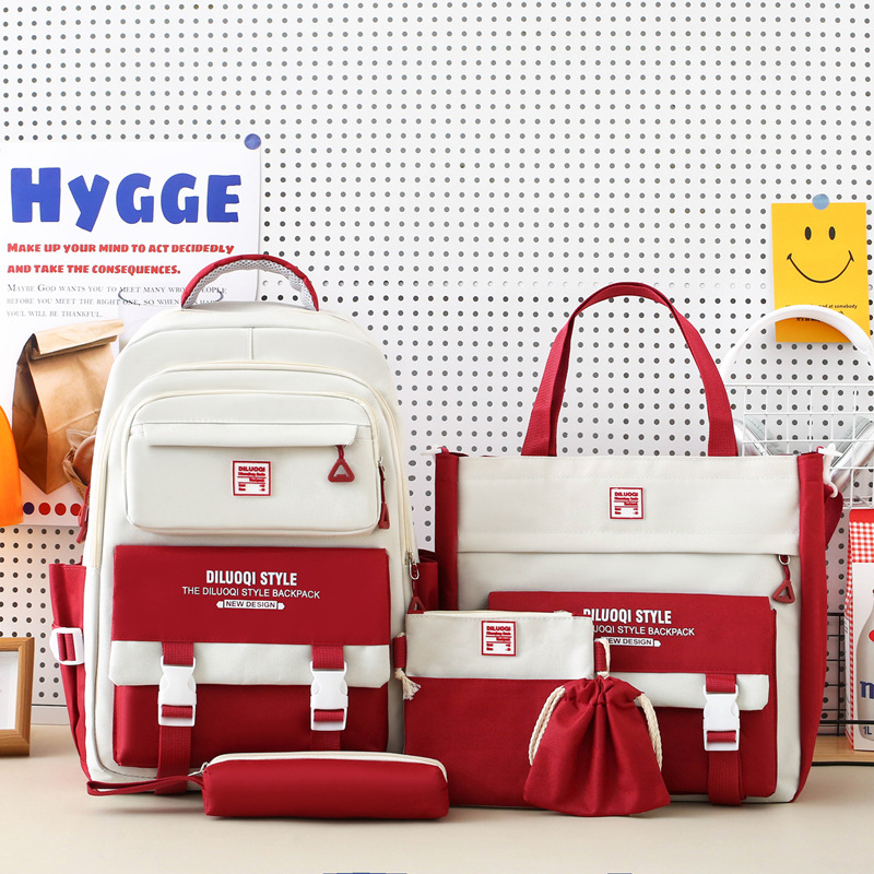 Nylon iskolai hátizsák, uniszex, öt részes készlet, nagy kapacitású, légáteresztő, vízálló, ultra könnyű, kopásálló, gerincvédelem és ívelt vállpántok.