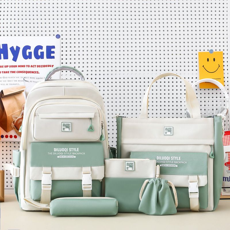 Nylon iskolai hátizsák, uniszex, öt részes készlet, nagy kapacitású, légáteresztő, vízálló, ultra könnyű, kopásálló, gerincvédelem és ívelt vállpántok.