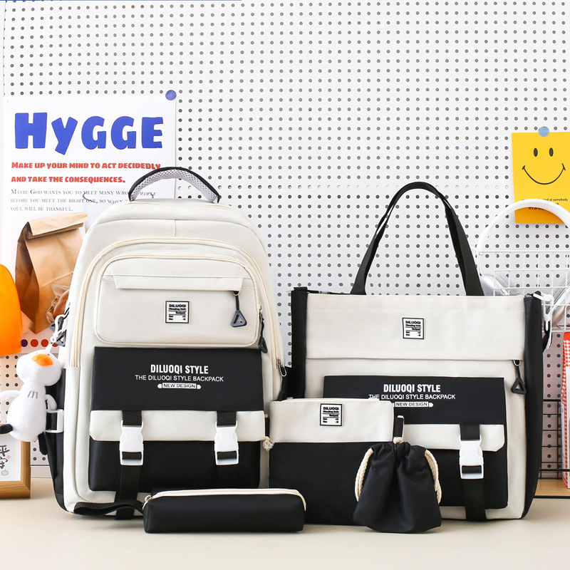 Nylon iskolai hátizsák, uniszex, öt részes készlet, nagy kapacitású, légáteresztő, vízálló, ultra könnyű, kopásálló, gerincvédelem és ívelt vállpántok.