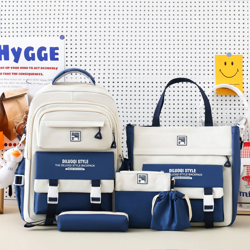 Nylon iskolai hátizsák, uniszex, öt részes készlet, nagy kapacitású, légáteresztő, vízálló, ultra könnyű, kopásálló, gerincvédelem és ívelt vállpántok.