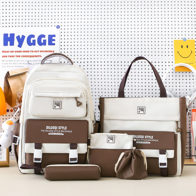 Nylon iskolai hátizsák, uniszex, öt részes készlet, nagy kapacitású, légáteresztő, vízálló, ultra könnyű, kopásálló, gerincvédelem és ívelt vállpántok.