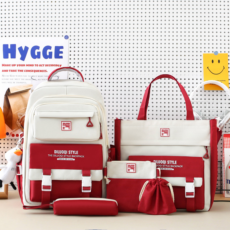 Nylon iskolai hátizsák, uniszex, öt részes készlet, nagy kapacitású, légáteresztő, vízálló, ultra könnyű, kopásálló, gerincvédelem és ívelt vállpántok.