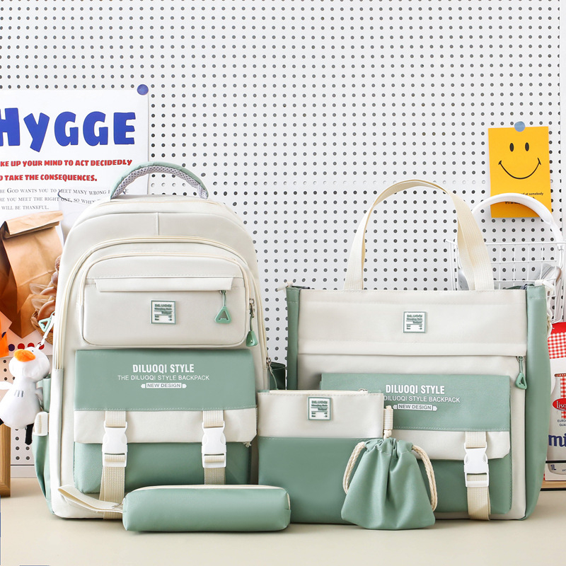 Nylon iskolai hátizsák, uniszex, öt részes készlet, nagy kapacitású, légáteresztő, vízálló, ultra könnyű, kopásálló, gerincvédelem és ívelt vállpántok.