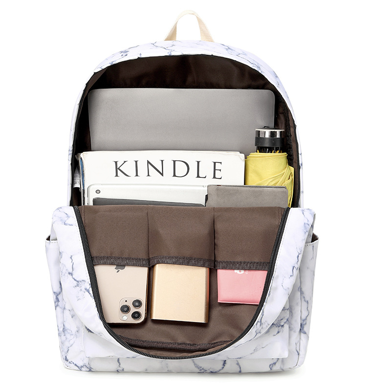 Iskolai hátizsák, háromrészes készlet, márványmintával, kapacitás 20–35 L, vízálló Oxford anyag, illeszkedik laptophoz 15 hüvelykig, légpárnás vállpántok