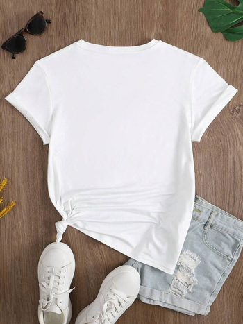 Μπλουζάκι από βαμβάκι με φλοράλ εκτύπωση, στρογγυλή λαιμόκοψη, κοντά μανίκια, εκτύπωση με θερμική μεταφορά