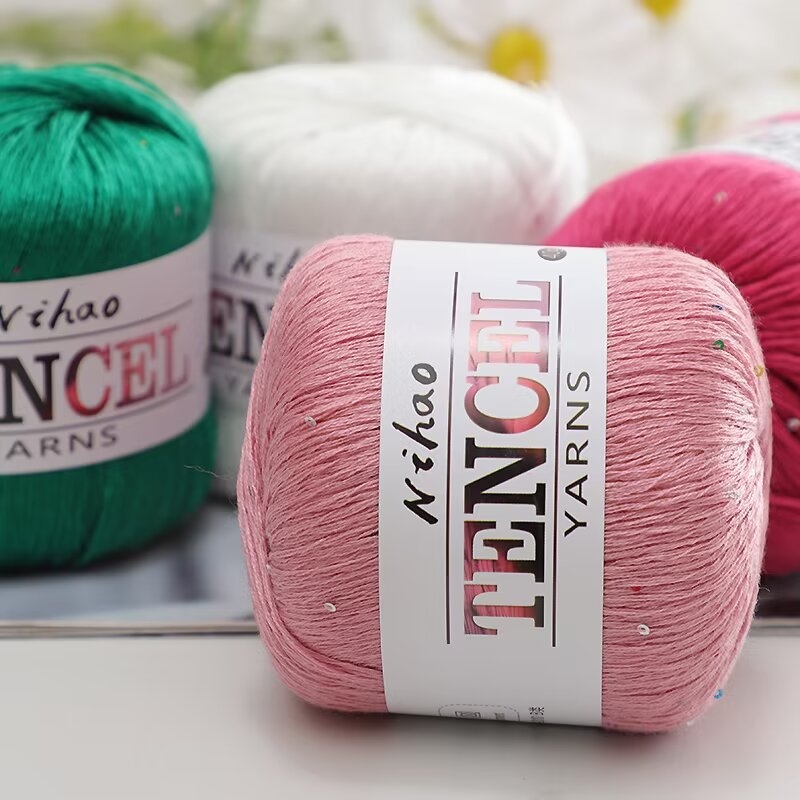 Rankdarbiams mezgimo siūlai – Tencel Sequin Lace siūlai, žiedinis verpimas, grupinis siūlas, Mu Pai